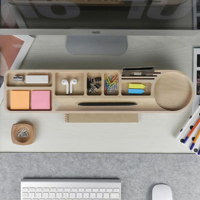 Organizador de escritorio de oficina con estuche de lápiz y logotipo personalizado Caddy de madera soporte de teléfono