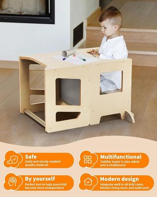 Cuarto de cocina de madera ajustable de 3 alturas para niños pequeños con riel de seguridad Unisex