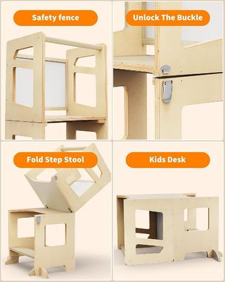 Cuarto de cocina de madera ajustable de 3 alturas para niños pequeños con riel de seguridad Unisex