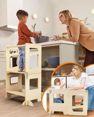 Cuarto de cocina de madera ajustable de 3 alturas para niños pequeños con riel de seguridad Unisex