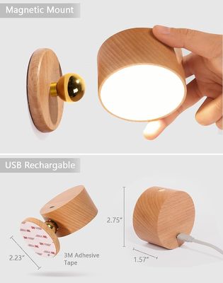 Lámparas de pared LED 360 rotación oscurecimiento recargable sin cables Batería operada con madera