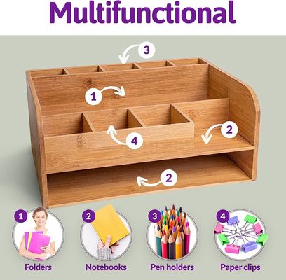 Organice suministros de oficina con el organizador de escritorio de madera de bambú y almacenamiento de archivos Logotipo personalizado