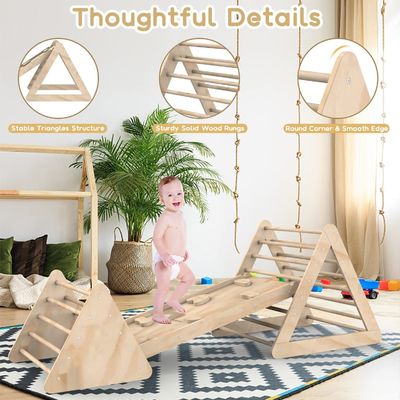 Escalera de triángulo de escalada de madera unisex con rampa y acabado manchado para niños pequeños