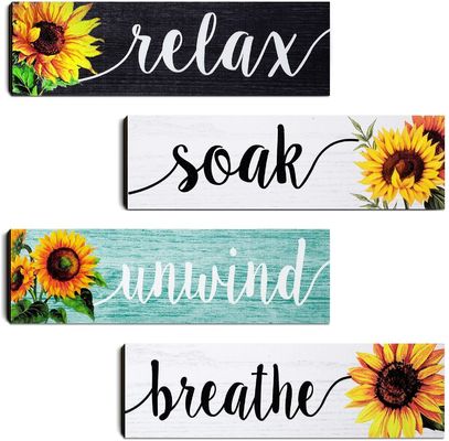 Decoración de la pared del baño Placa de madera rústica con diseño de girasol Relájese, sumérjase, relájese, respire