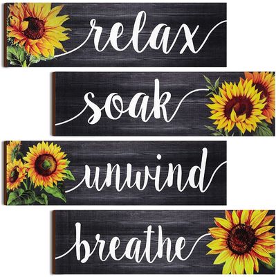 Decoración de la pared del baño Placa de madera rústica con diseño de girasol Relájese, sumérjase, relájese, respire
