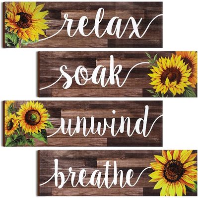 Decoración de la pared del baño Placa de madera rústica con diseño de girasol Relájese, sumérjase, relájese, respire