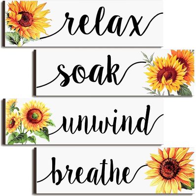 Decoración de la pared del baño Placa de madera rústica con diseño de girasol Relájese, sumérjase, relájese, respire