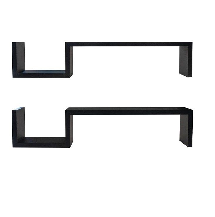 Diseño de forma S Decoración negra Estantes flotantes de madera Estantes de pared para el dormitorio