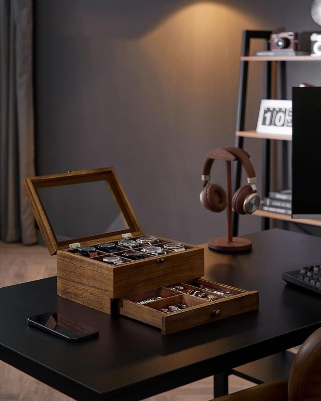 Cuadro de relojes rústicos de madera de nuez de 8 ranuras hechos a mano con tapa de vidrio grande