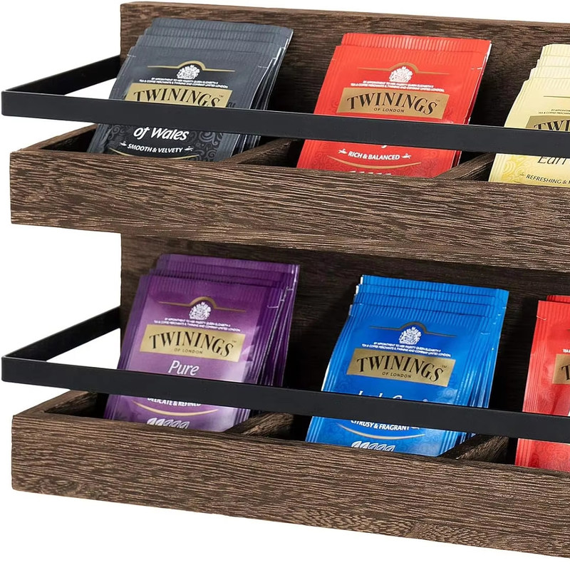 Bolsas de té de madera rústica de 2 niveles soporte montado en la pared caja de té para condimentos de café mostrador estante estante de té