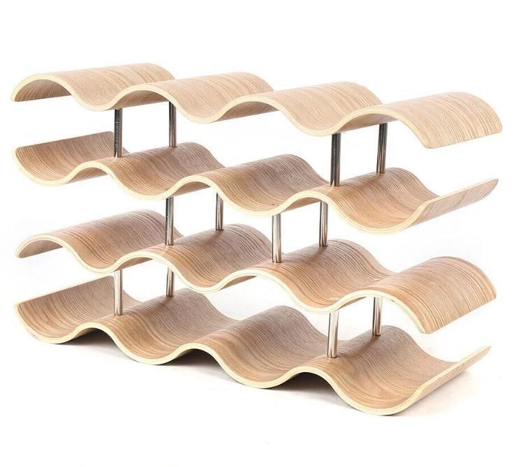 Estante de madera sólida personalizado de 4 capas para una fácil instalación de almacenamiento de botellas de vino de onda de madera