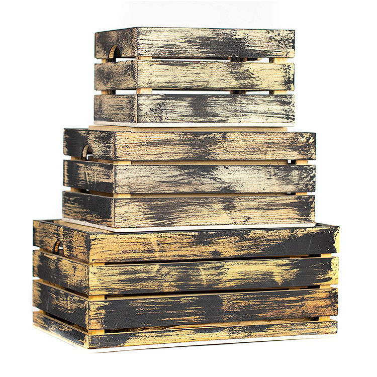Conjunto de 3 cajas pequeñas de almacenamiento de madera mini con manijas Rustico acabado de impresión quemado