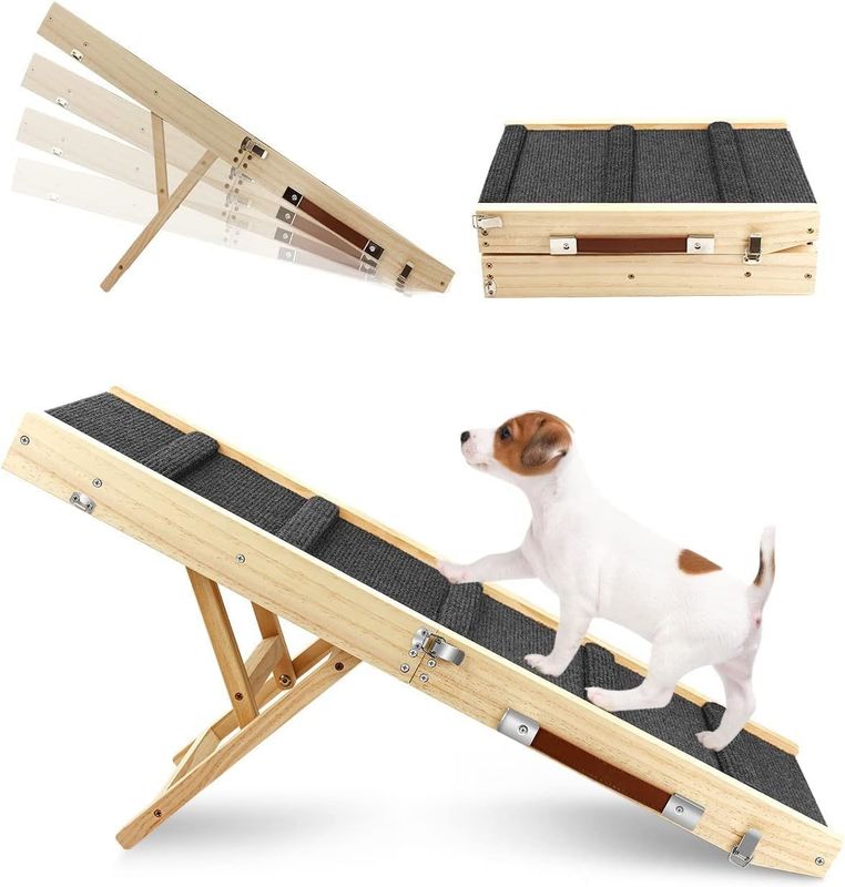 Rampa portátil plegable para mascotas de madera Paso de perro de madera para la cama de pino Rampa ajustable para perros de madera