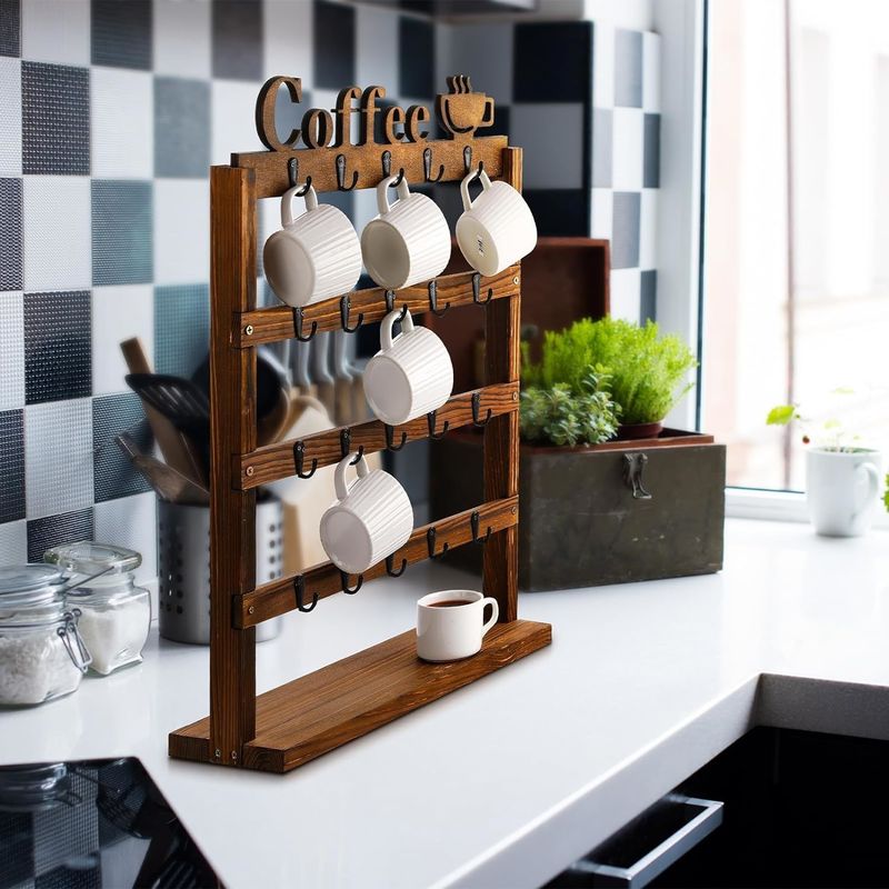 Estante de almacenamiento de tazas de café de madera rustica de época 4 niveles