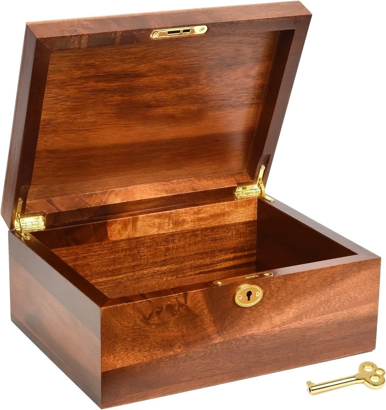 Caja de almacenamiento de madera sólida de acacia hecha a mano con tapa con bisagra ideal para el embalaje de regalos