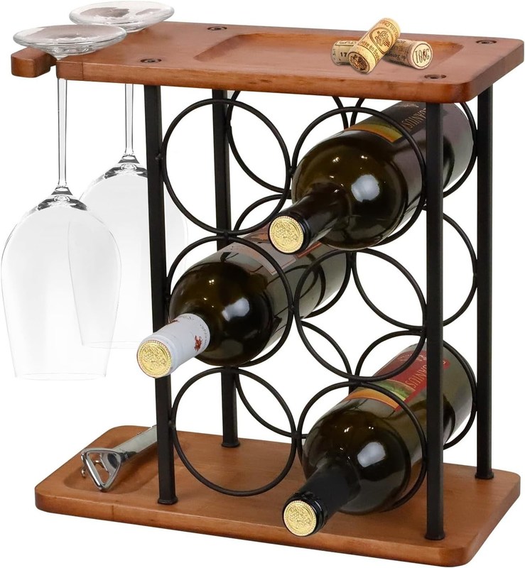 Estante de vino de mesa de madera en relieve con bandeja hecha a mano contiene 6 botellas y 2 vasos