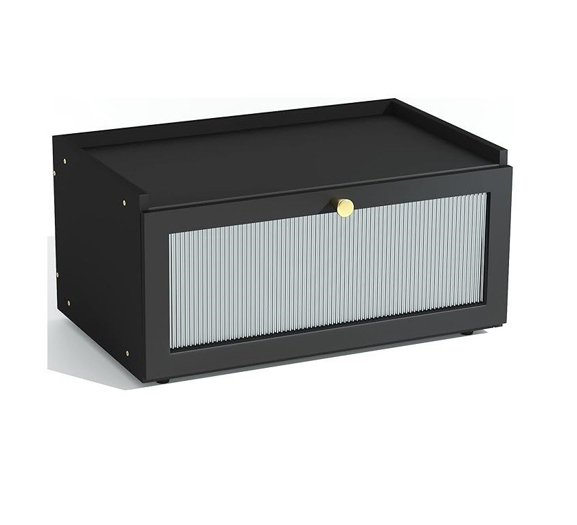 Paquete de regalo de 2 capas Gran caja de pan de bambú negra moderna Cubo de almacenamiento de pan de madera con ventana