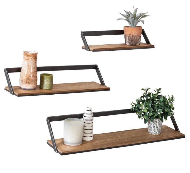 Logotipo personalizado Decoración del hogar Conjunto de 3 estanterías de pared de madera negra / natural estanterías de exhibición colgantes