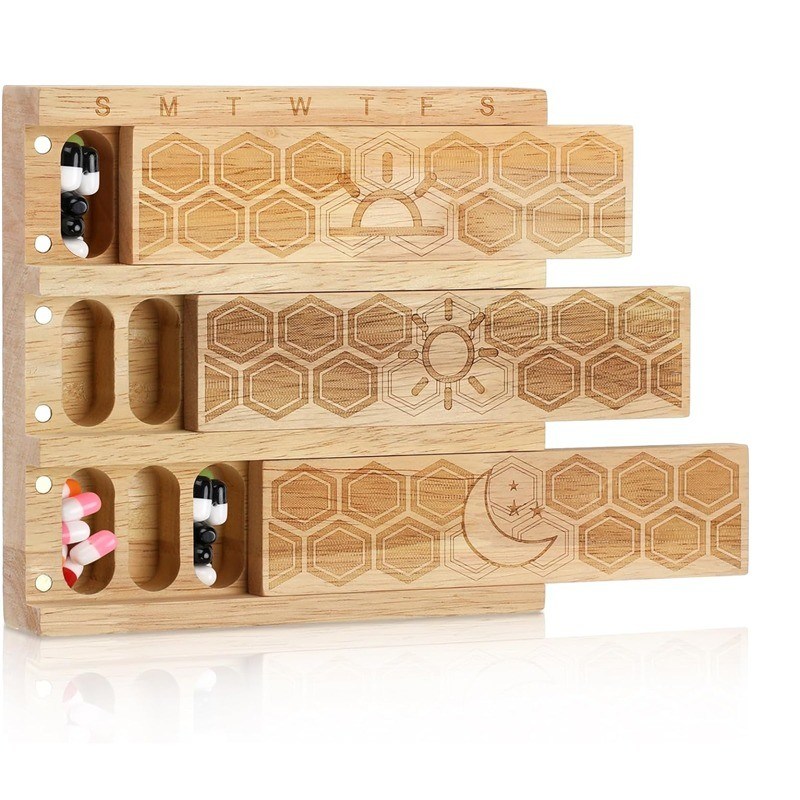 Compacto de madera organizador de píldoras semanales soporte distribuidor diario de píldoras clasificador de píldoras recipientes