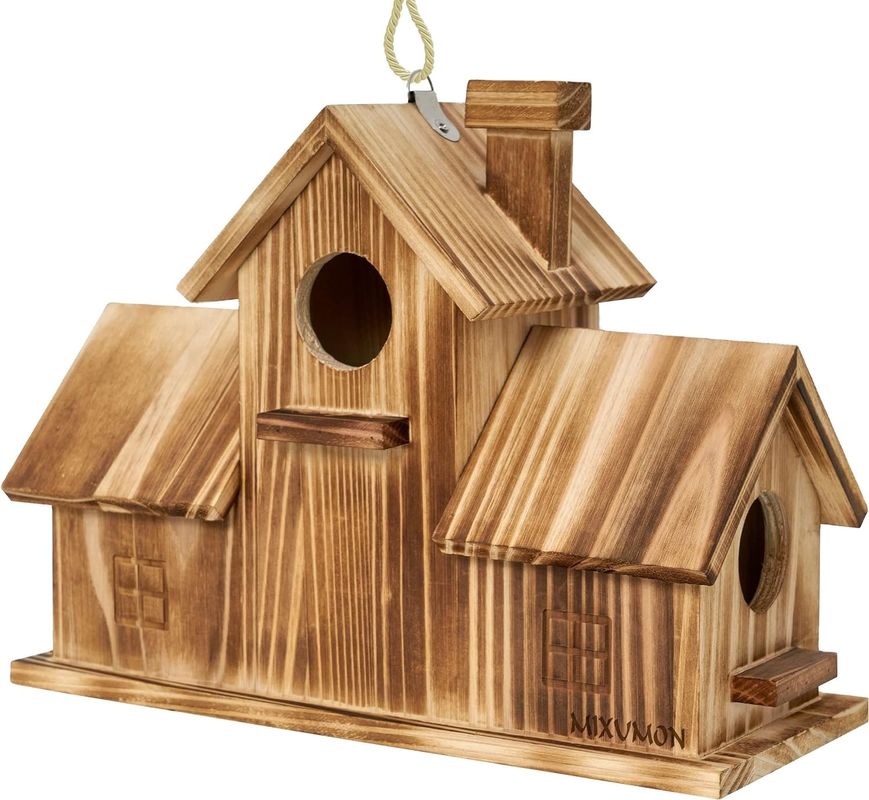 Casa de pájaros de madera al aire libre con 3 agujeros hecha a mano con madera para el hábitat del jardín