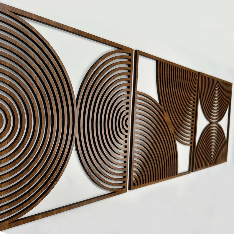 Conjunto de 3 Boho Regalo para el hogar Arte de pared de madera grande con estilo moderno de mediados de siglo y logotipo personalizado