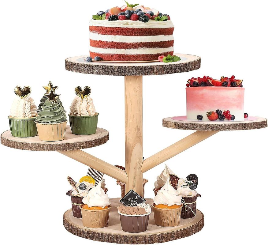 Diseños personalizados 4 Niveles de pastel de bambú soporte para fiestas frutas aperitivos servir bandeja