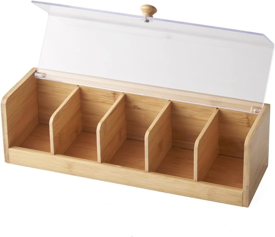 Capacidad de 100 paquetes de té Caja de té de madera de madera natural 5 organizador de compartimientos