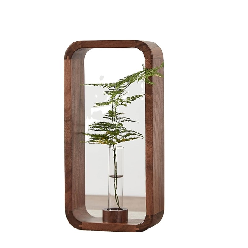 202405 Vaso de vidrio transparente para plantas con marco de madera de nuez Una impresionante pieza decorativa