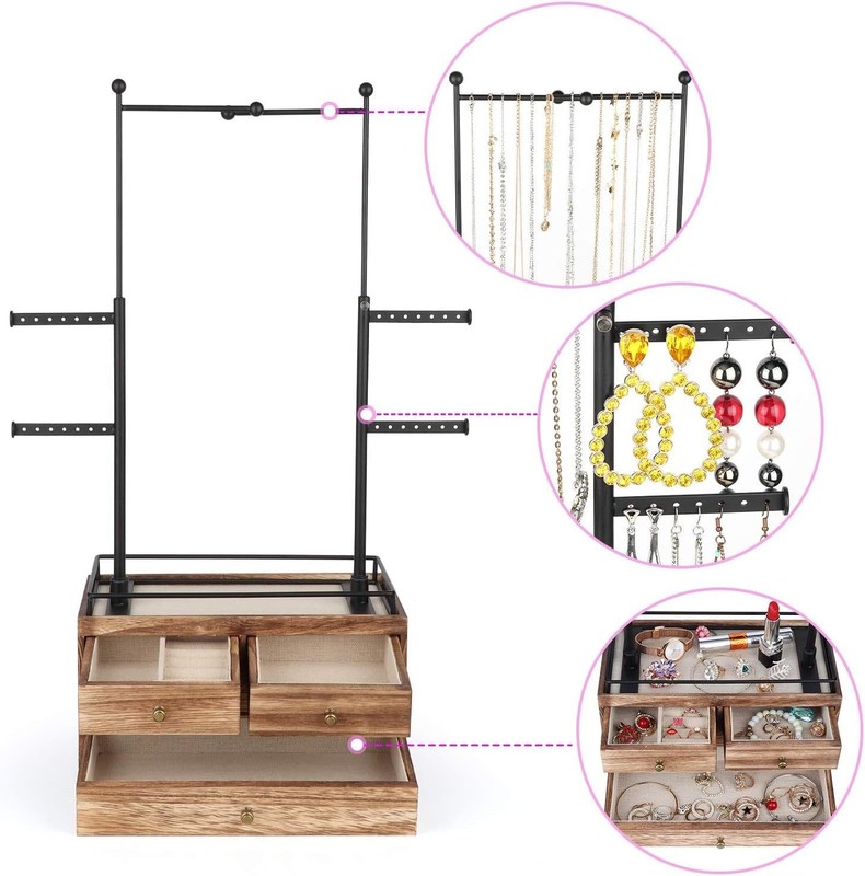 Caja de madera natural Custom 6 Tier Joyería árbol de pie con 2 capas de joyería cajón de almacenamiento