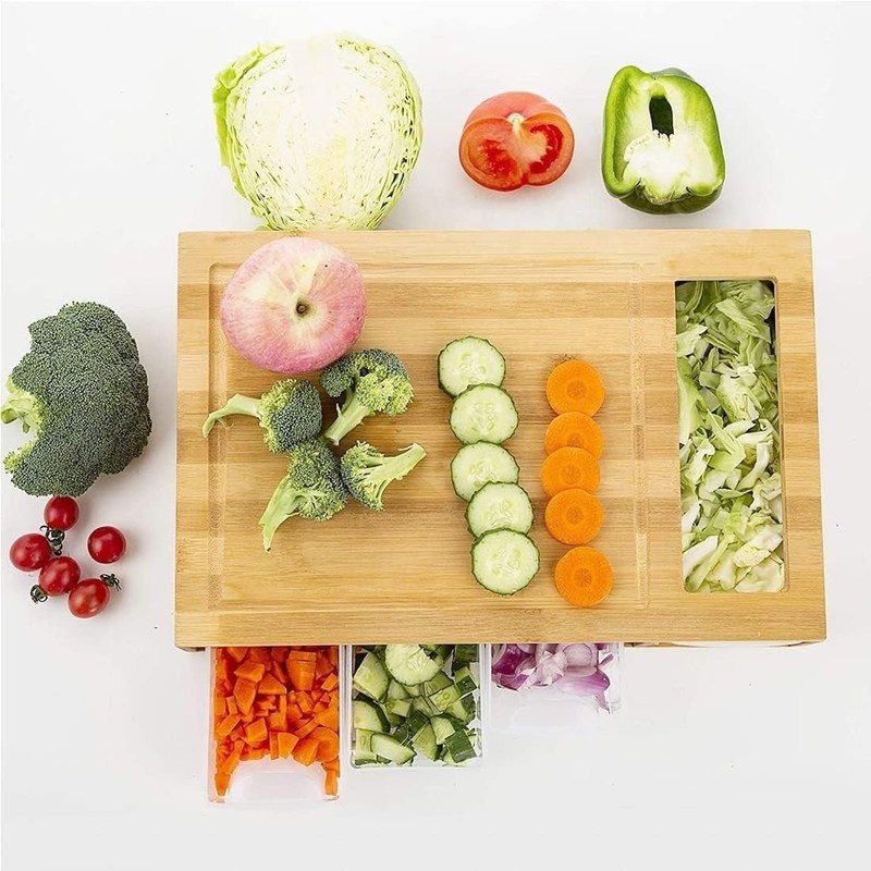 Tabla de corte de bambú rectangular con bandeja de 4 contenedores Tabla de corte de madera de cocina