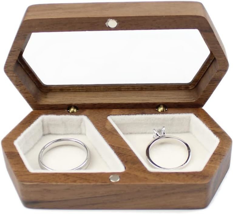 Caja de anillos de pareja hecha a mano con tapa transparente de terciopelo blanco e impresión quemada