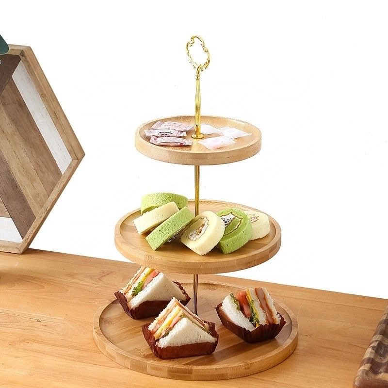 Tamaño personalizado de 3 capas Stand de pasteles de bambú para fiestas Frutas Bocadillos en bandeja OEM ODM