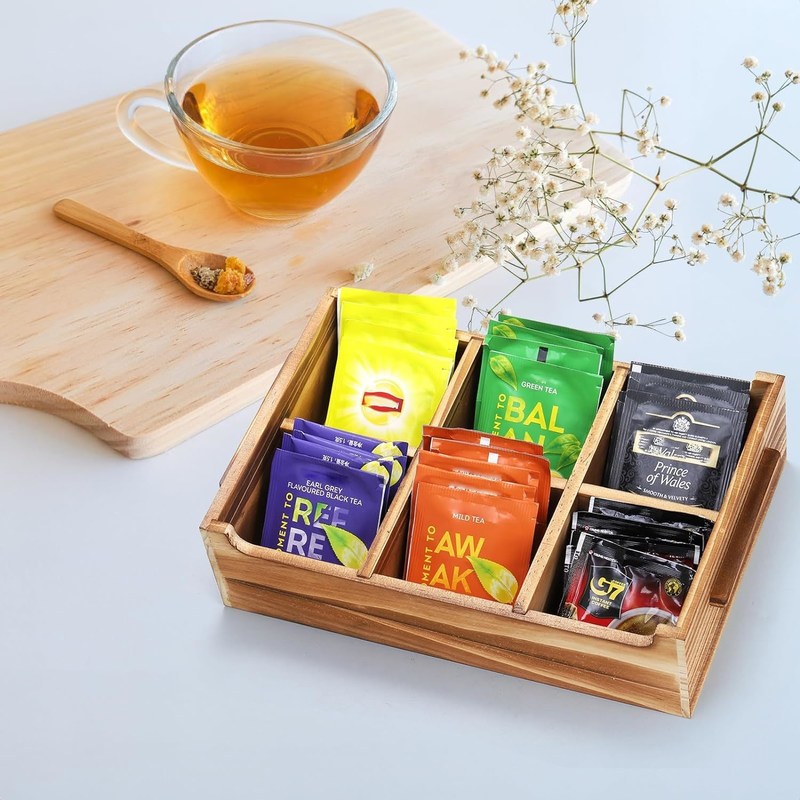 6 Compartimiento TIMBER Caja de té de madera caja para paquete de regalo y organizador de paquete de azúcar