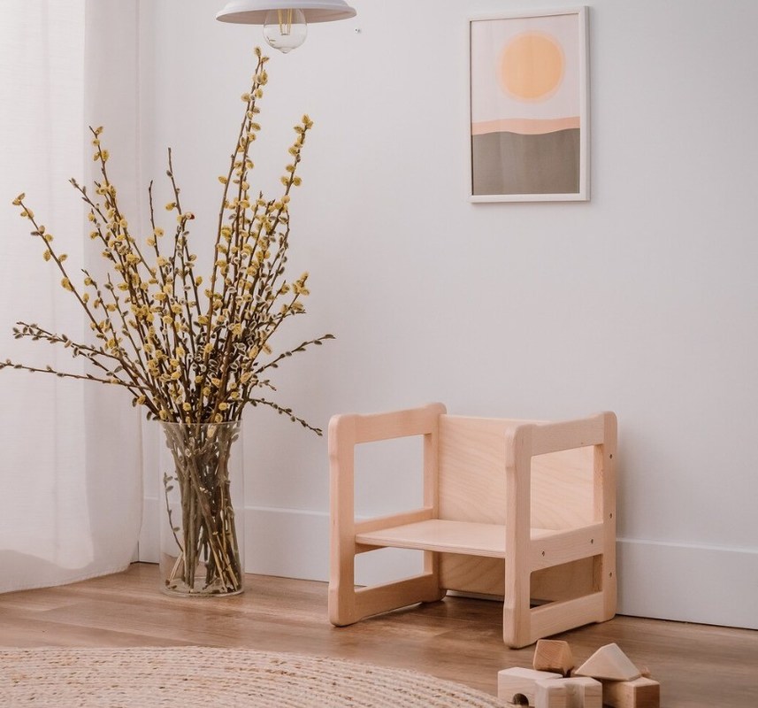 Función de ahorro de espacio de logotipo personalizado 202406 Montessori silla de madera multifuncional