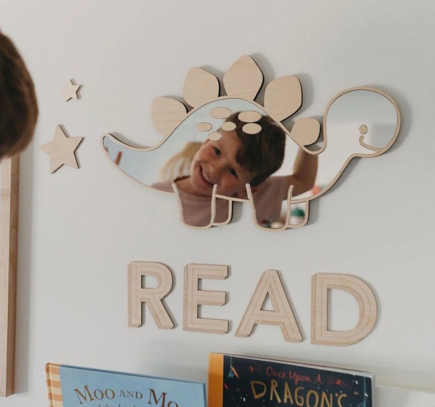 Logotipo personalizado de madera en forma de dinosaurio Espejo con marco de madera y madera