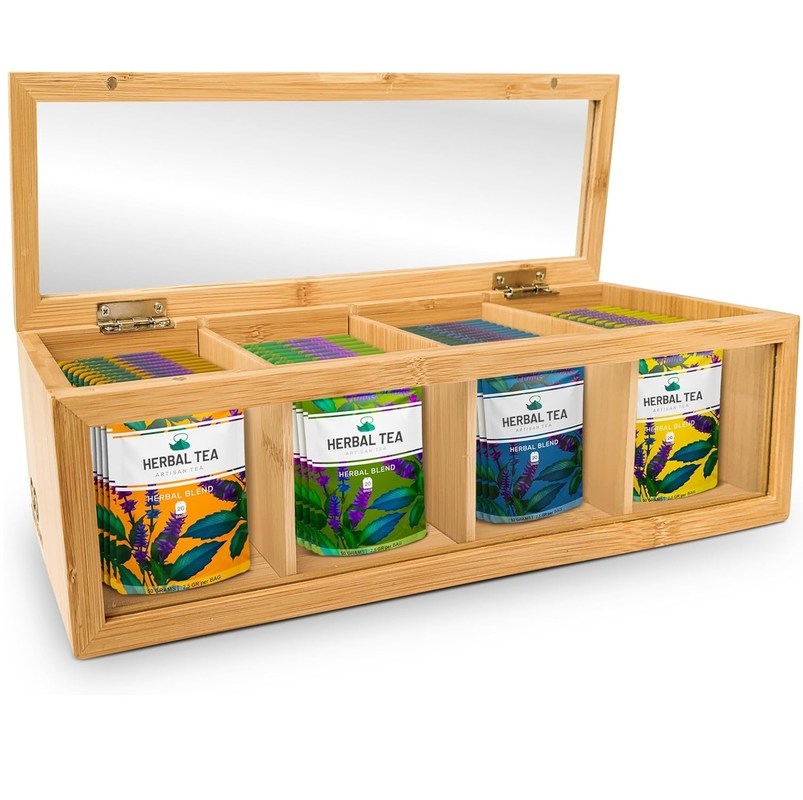 Organizador de bolsas de té de madera con impresión grabada con láser y ventana de vidrio acrílico transparente