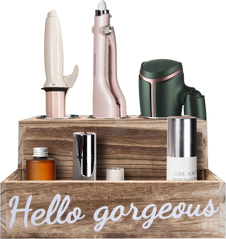 Mantenga su baño limpio sin esfuerzo con este soporte de secador y alisador de cabello de madera