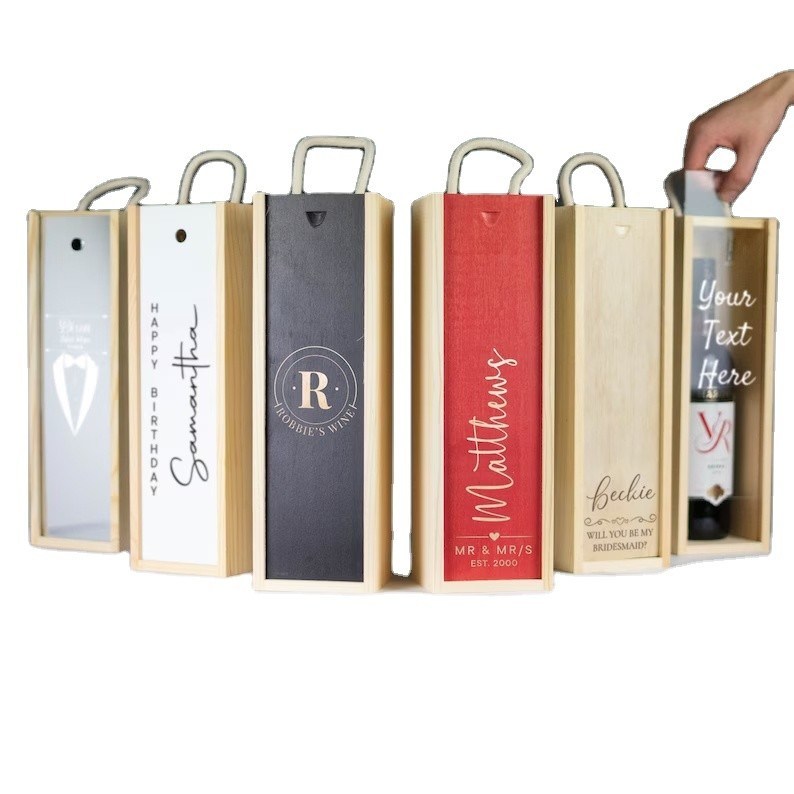 Pedido personalizado Aceptado Caja de vino de madera grabado con láser con inserciones acrílicas y tapa deslizante