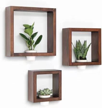 3pcs Estante de pared de madera de pino sólido Conjunto de plantaciones de cerámica blanca Decoración artesanal de oficina en el hogar
