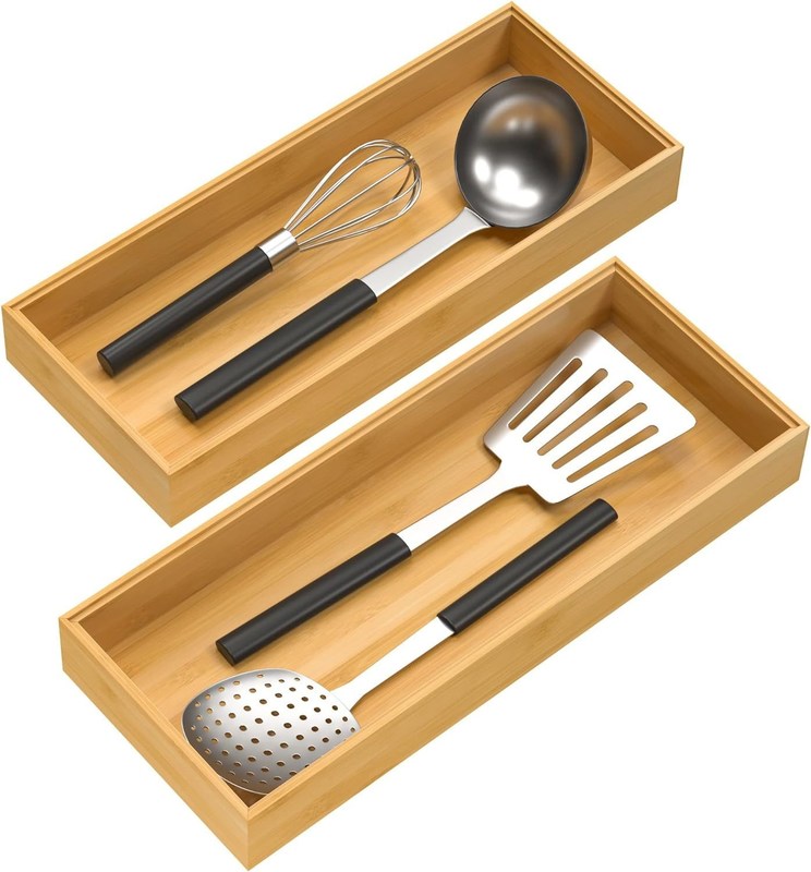Conjunto de 2 organizadores de cajones de bambú para la cocina 15 "x 6" x 2 "Amistoso con el medio ambiente y duradero