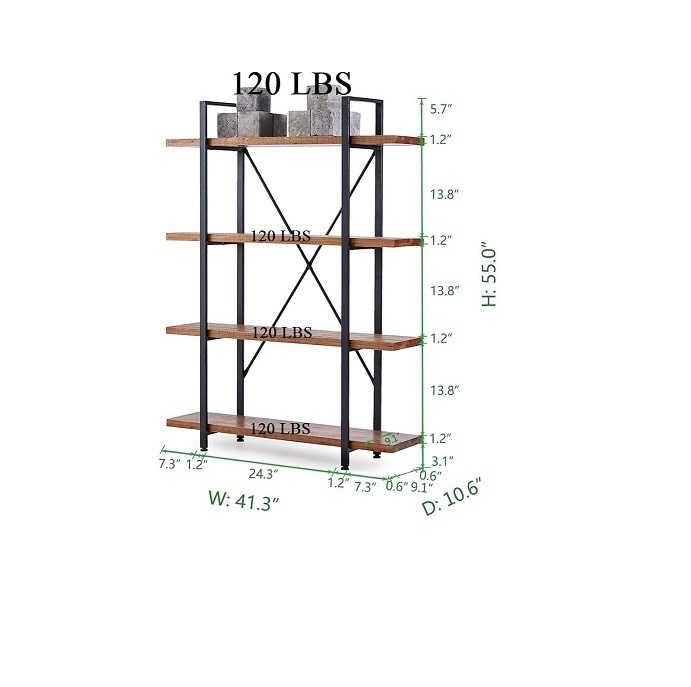 Rectángulo 4 Nivel 4 Estante natural rústico sólido Estante de libros de madera real Estante de libros de metal Muebles de sala de estar