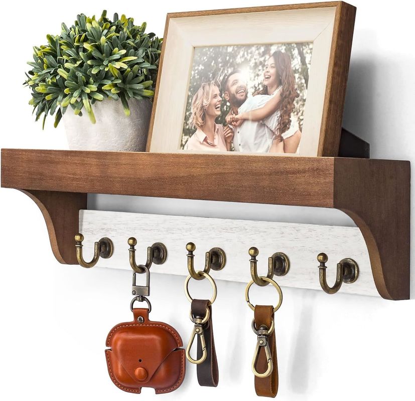 Repuesto de llaves de base de madera de 2 colores con 5 llaves retro Ganchos para decoración rústica de la casa de color gris blanco
