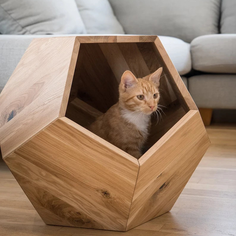 Contenedor de almacenamiento para el hogar Cueva de cama de gato de diseño moderno con madera sólida y mesa lateral