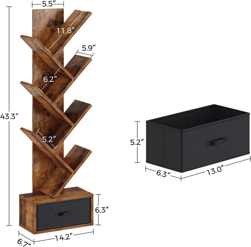 Repuesto de almacenamiento rústico de 7 niveles industrial hecho a mano Estante de libros de árbol con estanterías abiertas