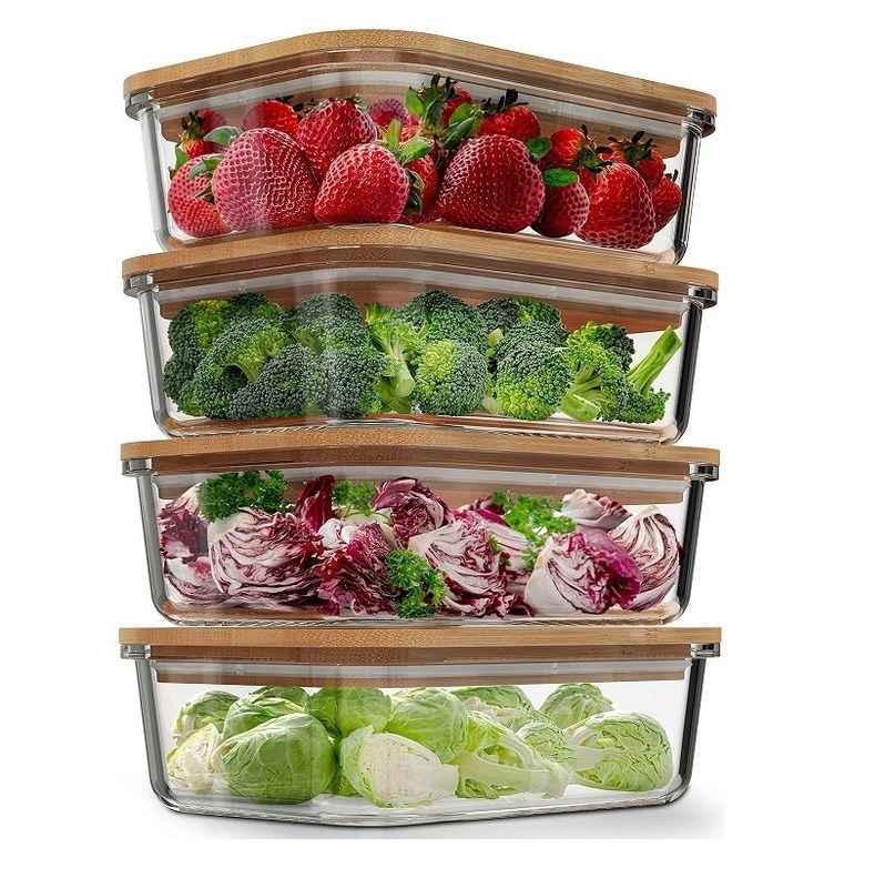 Contenedores de almacenamiento de alimentos de vidrio de 4 paquetes con tapas de bambú
