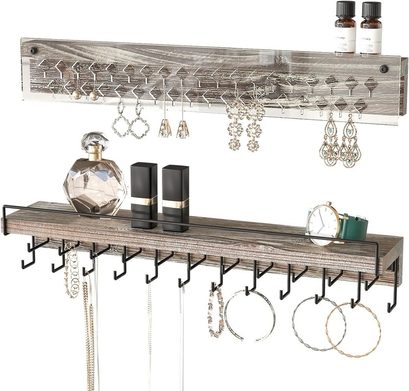 Display de pendientes de madera de casa de campo rústica a medida y collar de acrílico transparente