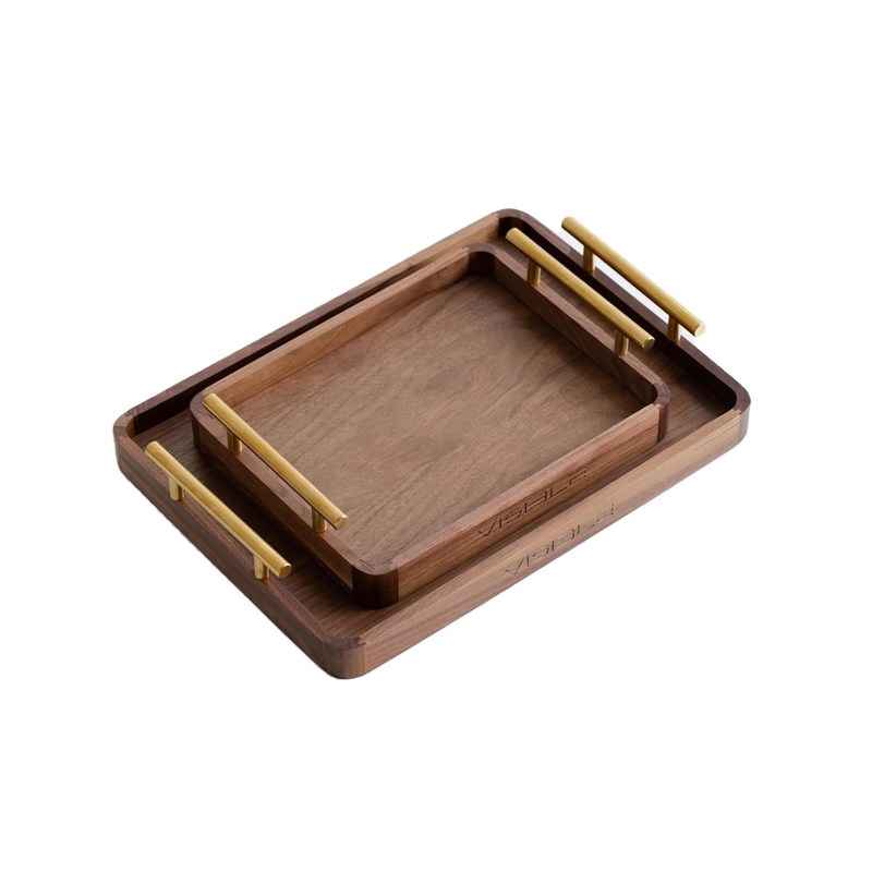 Manijas de latón rústico de nuez Mesa de café de madera bandeja para postres Pasteles Tazas de té hechas a mano