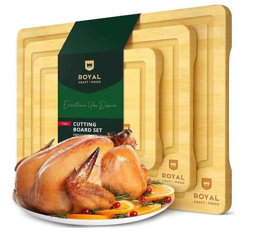 Tabla de corte de bambú natural extra grande Conjunto con ranuras de aceite Conjunto de 3 tablas de servicio