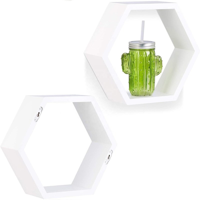 Estante de pared hexagonal tallada en madera para la organización de la decoración del hogar de la granja rústica