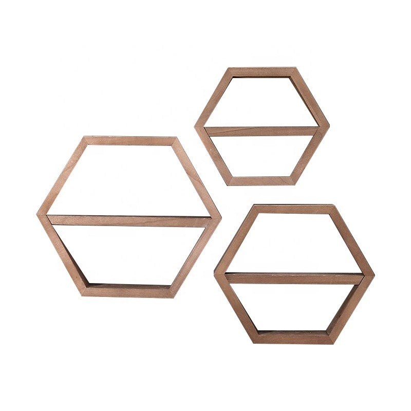 Estantes de pared de madera de forma hexagonal geométrica para el organizador de oficinas de estilo moderno simple